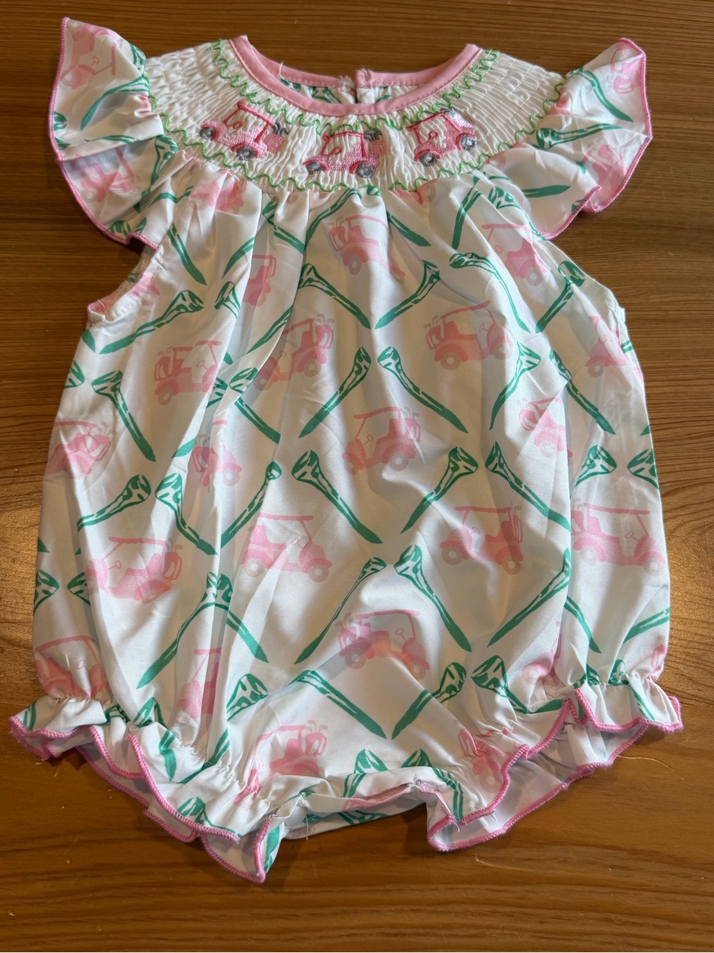 Source Unknown Pink & Green Smocked Golf Cart Print Romper